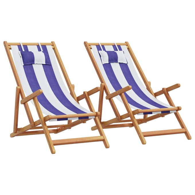 vidaXL - Opklapbare - stoelen, - 2 - stuks, - blauw-witte - stof - en - massief - hout.
