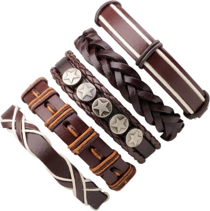 Fako Bijoux® - Leren Armband - Leder - Set Deluxe - 5 Stuks - Bruin/Crème
