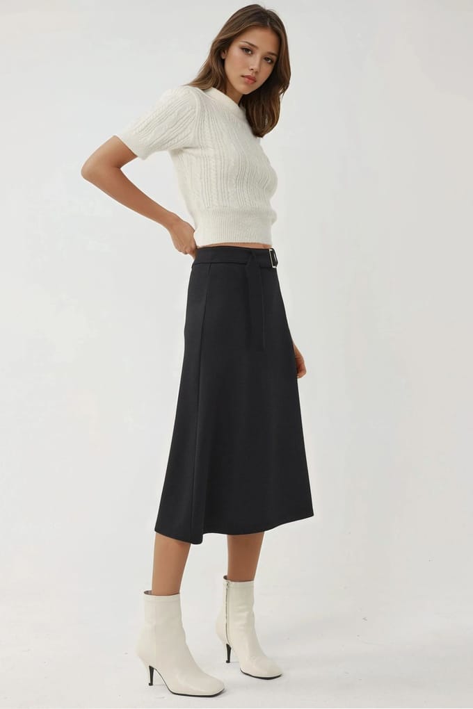Hoge Taille Midi Rok met Gebogen Detail