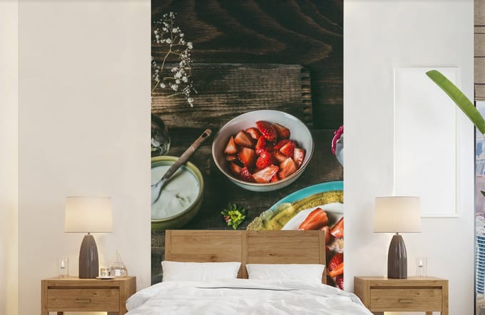 Behang - Fotobehang Aardbei - Rustiek - Fruit - Rustiek Bloemen - Breedte 120 cm x hoogte 240 cm
