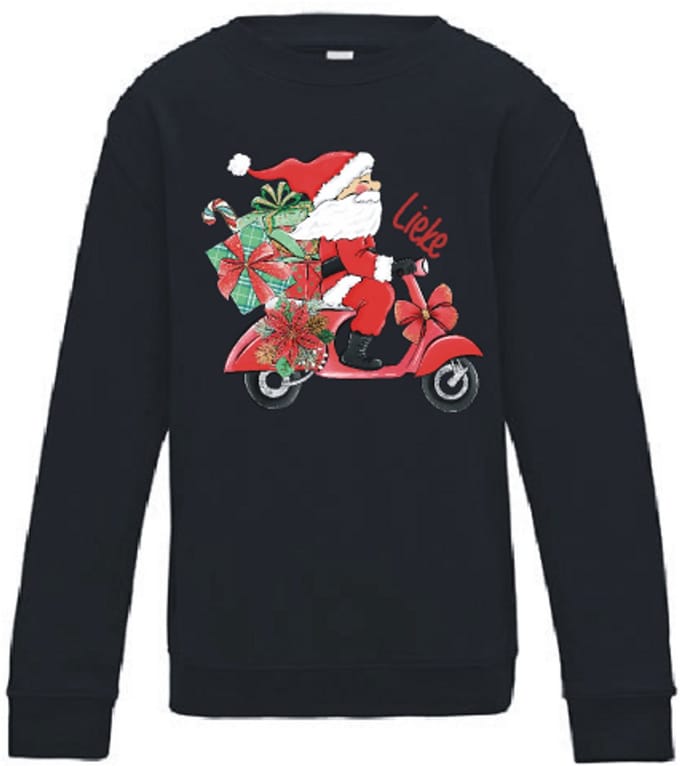 Grappige Kerst sweater met Kerstman op Scooter – Met Eigen Naam – Zwart maat S – Livingstickers