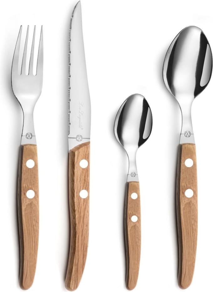 Lou Laguiole® Canopée – 24-delige Bestekset – 6 Personen – Beukenhout – 18/0 Chroomstaal – Micro-Serration – Iconische Laguiole-Bij – Cadeauverpakking