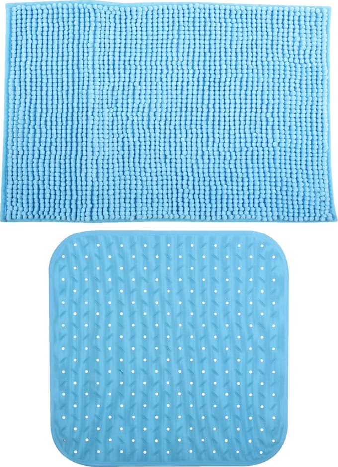 MSV Douche anti-slip mat en droogloop mat - Sevilla badkamer set - rubber/microvezel - lichtblauw
