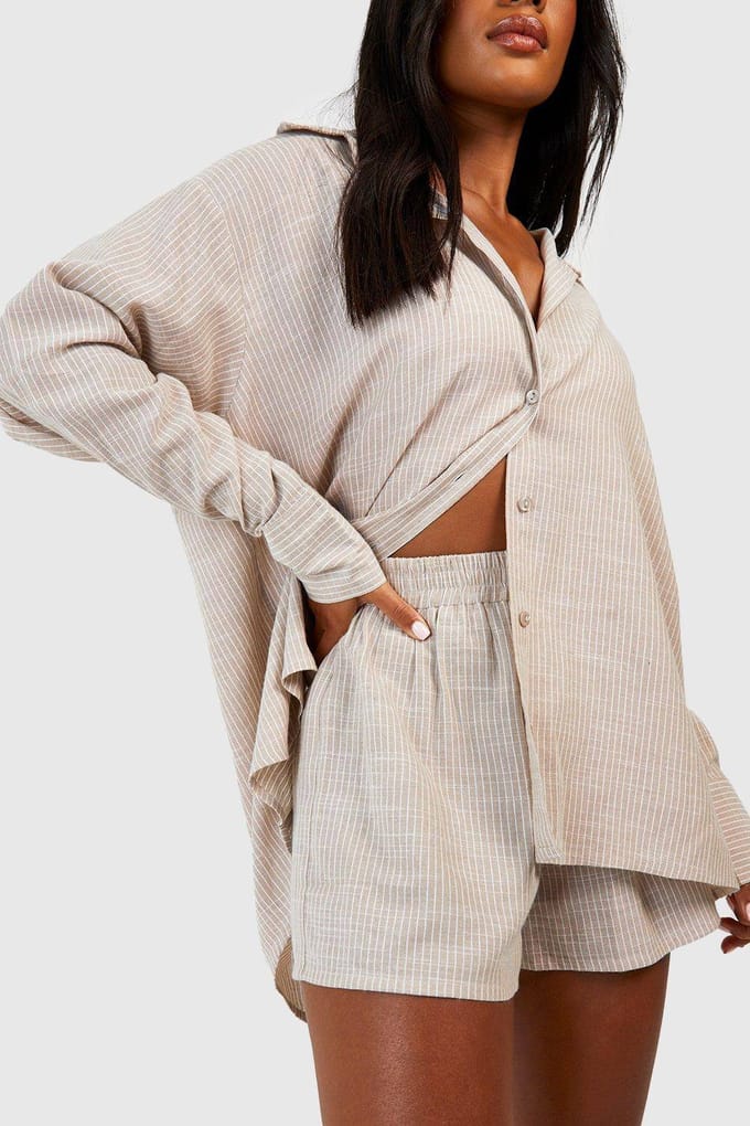 boohoo Dames Cotton Tonal Pinstripe Pyjama Short | Steen | Maat: 34