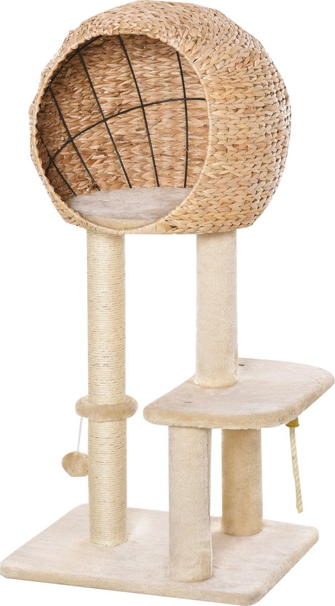 PawHut krabpaal - met kattengrot - beige
