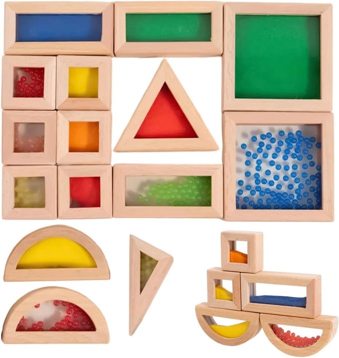 Houten Sensorische Blokken - Stapelstenen Educatief - Creatief Bouwen - Translucent en Natuurlijke Materialen