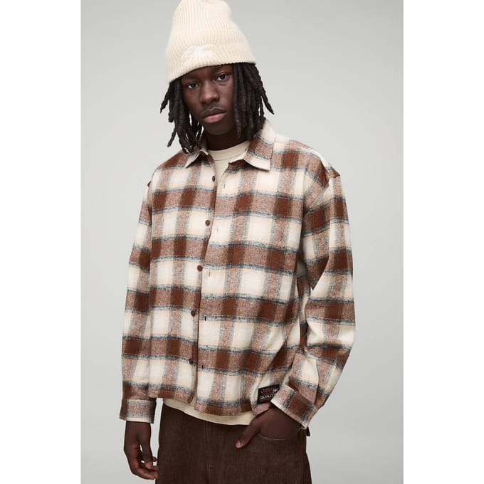 Oversized Boxy Geborsteld Geruit Badge Carpenter Overshirt | Tan | Size Medium