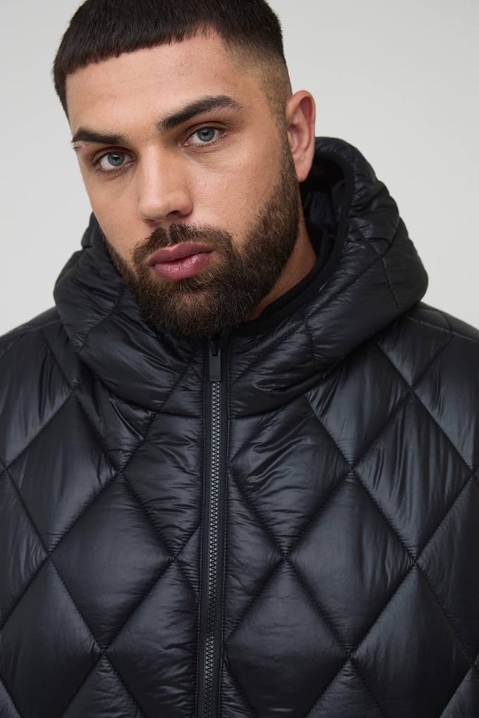 Plus Oversized Boxy High Shine Quilted Hooded Funnel Puffer Jacket | Black | Size 2XL