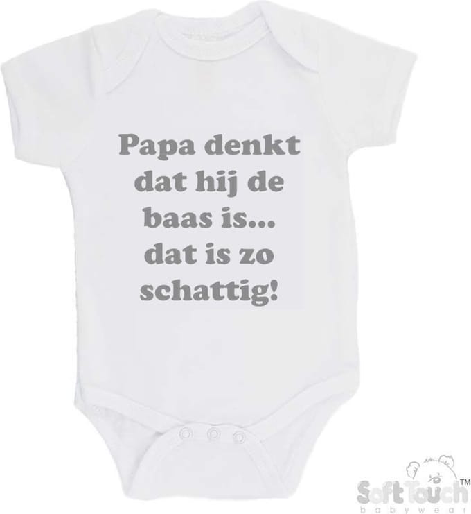 100% katoenen Romper "Papa denkt dat hij de baas is... Dat is zo schattig!" Unisex Katoen Wit/grijs Maat 62/68