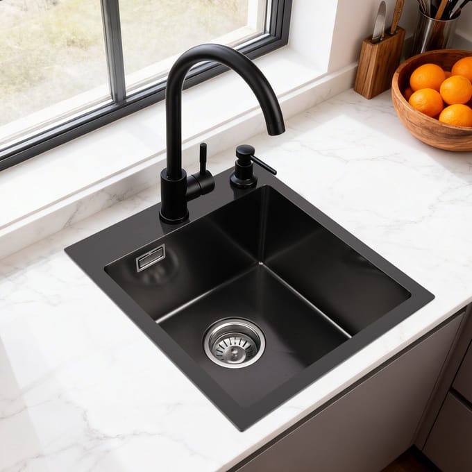 Oraymin RVS Keukenspoelbak 40x45cm – Inbouw Vierkant Enkele Spoelbak met Sifon en Overloop