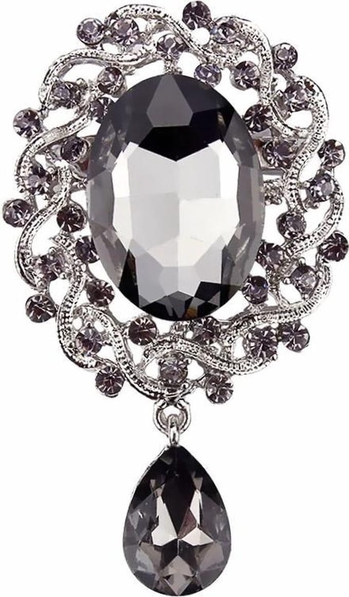 Fako Bijoux® - Broche - Geslepen Glas - Grijs - 41x70mm - Zilverkleurig