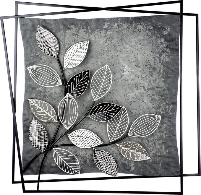 wanddecoratie bladeren met 3d vierkanten - metaal - grijstinten - 5x77x77 cm handgemaakt