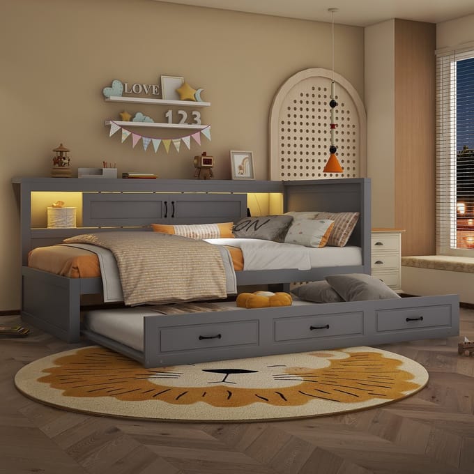 REDOM Bedframe 90x200 cm – Daybed met uitschuifbed, LED-verlichting & USB – Spaanplaat/MDF – Grijs