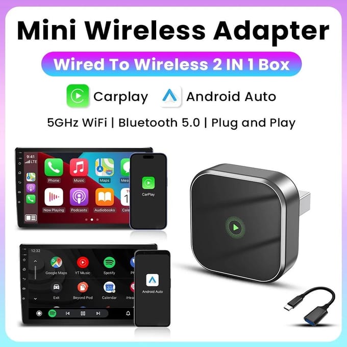 2-in-1 Draadloze CarPlay Bekabeld naar Draadloos Android Auto Adapter Mini Slimme AI Box Type-C USB Plug and Play