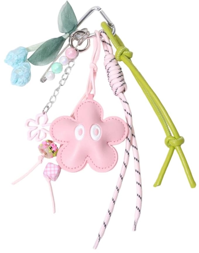 Dailygoods - Set van 7 Bloemen Sleutelhangers in Roze PU Leer