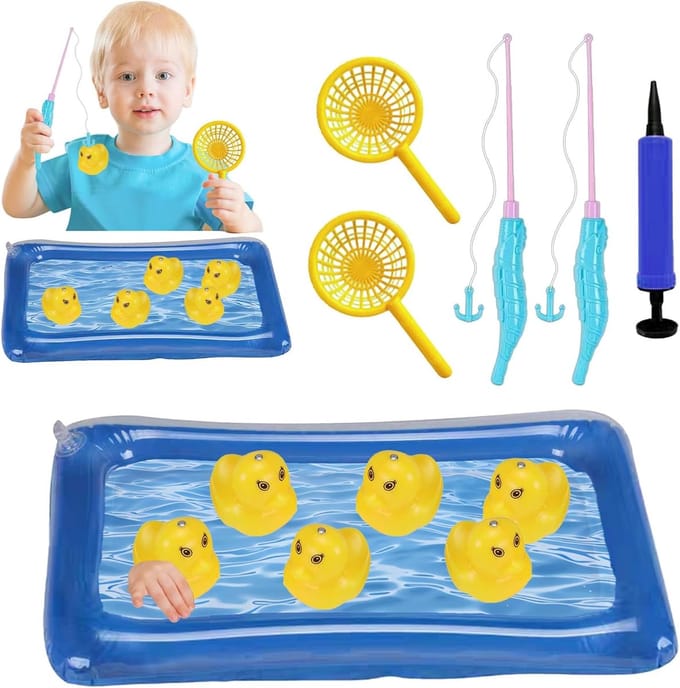 Visspel met eendjes - Magnetisch hengelspel - Ouder-kind spel - Opblaasbare vijver - 34 x 21 x 4 cm