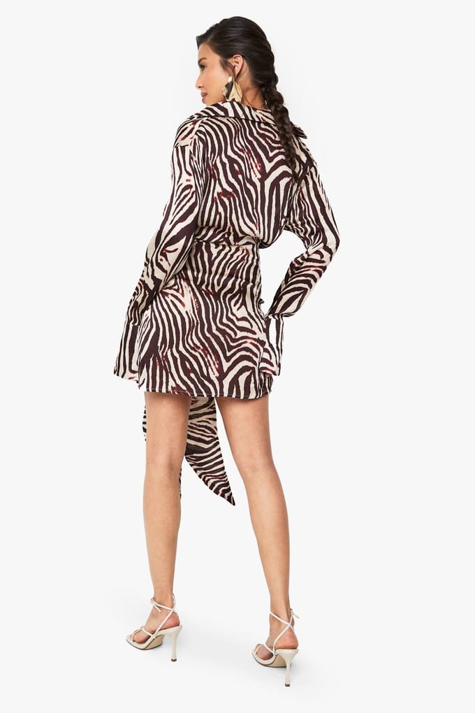 boohoo Dames Zebra Satijn Wrap Rok Blouse Jurk | Brown | Maat: 8