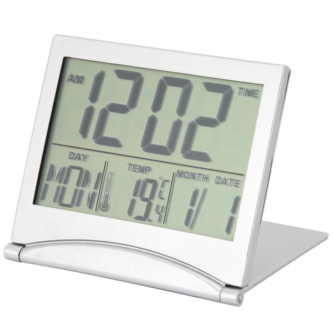 Elektronische compacte bureauwekker, opvouwbare kalender, temperatuurtimer voor op reis gray