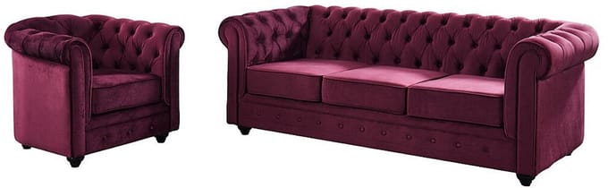 Vente-unique Driezitsbank en fauteuil CHESTERFIELD - velours - paars