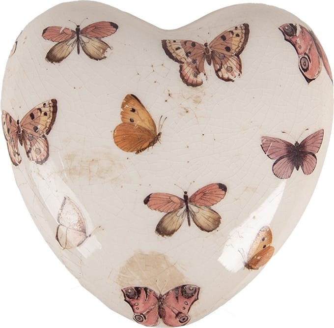 Clayre & Eef Decoratie Hart 10X10x4 cm Beige Roze Keramiek Vlinders