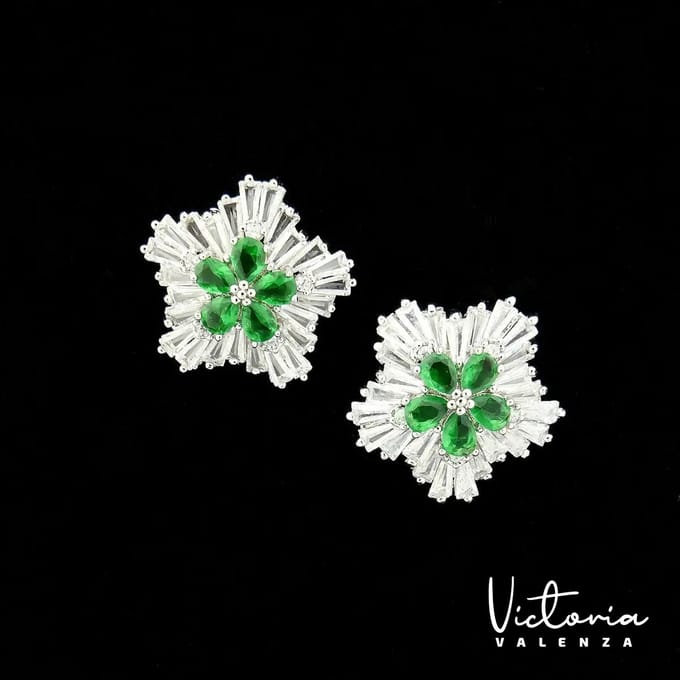 Victoria Valenza Fiore oorbellen - Messing - Groene Steen - Zilver