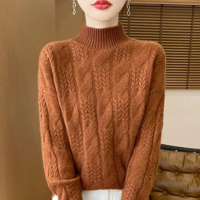 Tricots d'automne Torsades de pâte frite Col haut Épais Tricot ample Pull de fond 3XL brown