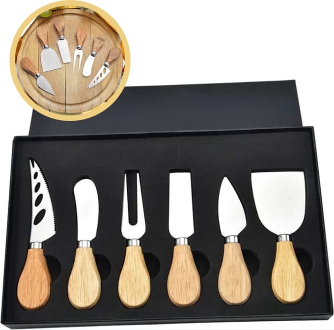 *** Luxe 6 Kaasmesjes Set Bamboe-RVS-Geschenkdoos - Kaas - van Heble® ***