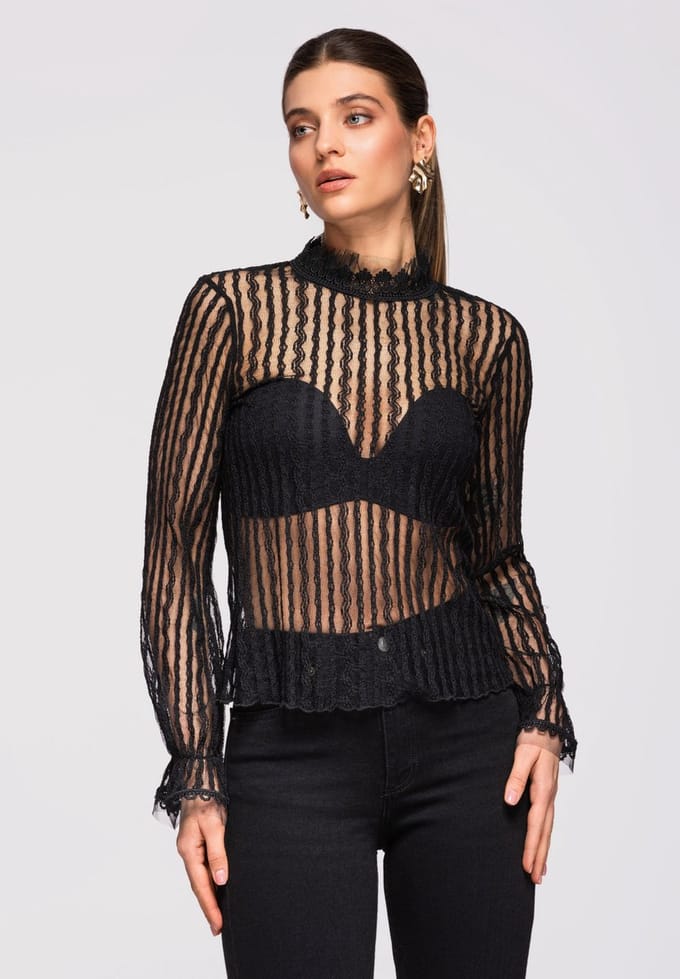 OMBRE Blouse - Slim Fit - Lange Mouw - Knopen Zwart L