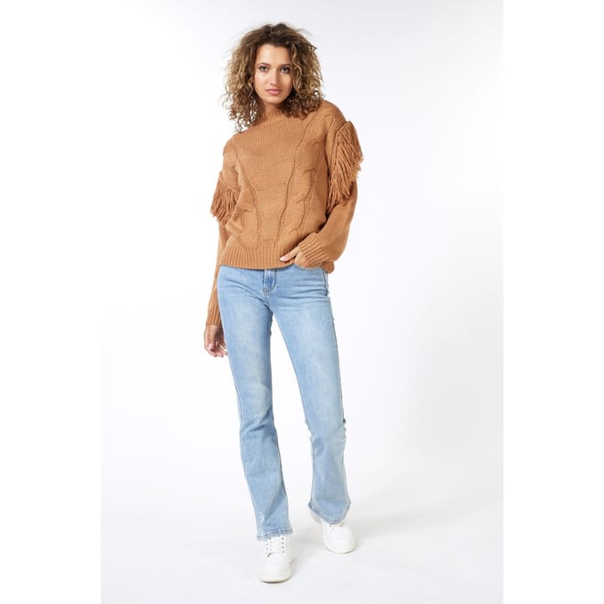 EsQualo Sweater Cable & Fringes Camel Größe: S | Pullover Outlet | Damen | Braun