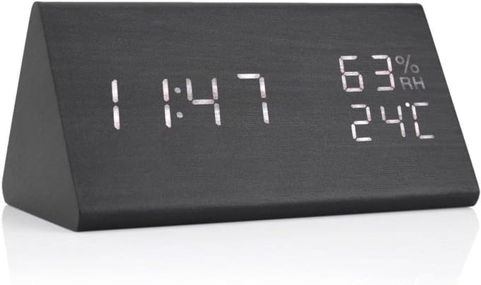 Houten Digitale Wekker met LED Tijd, Temperatuur en Vochtigheidsweergave