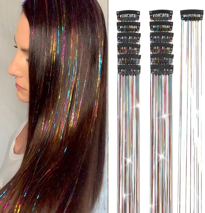 2 x clip-in REGENBOOG DISCO Hair Tinsels - Glitter Extensions - Glitterhaar - Glitter Haar Extensions - clip extensions regenboog disco