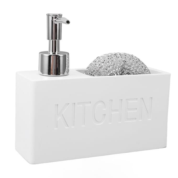 Keukenzeepdispenser met Sponshouder Druktype Afwasmiddeldispenser Pompfles met Staal white