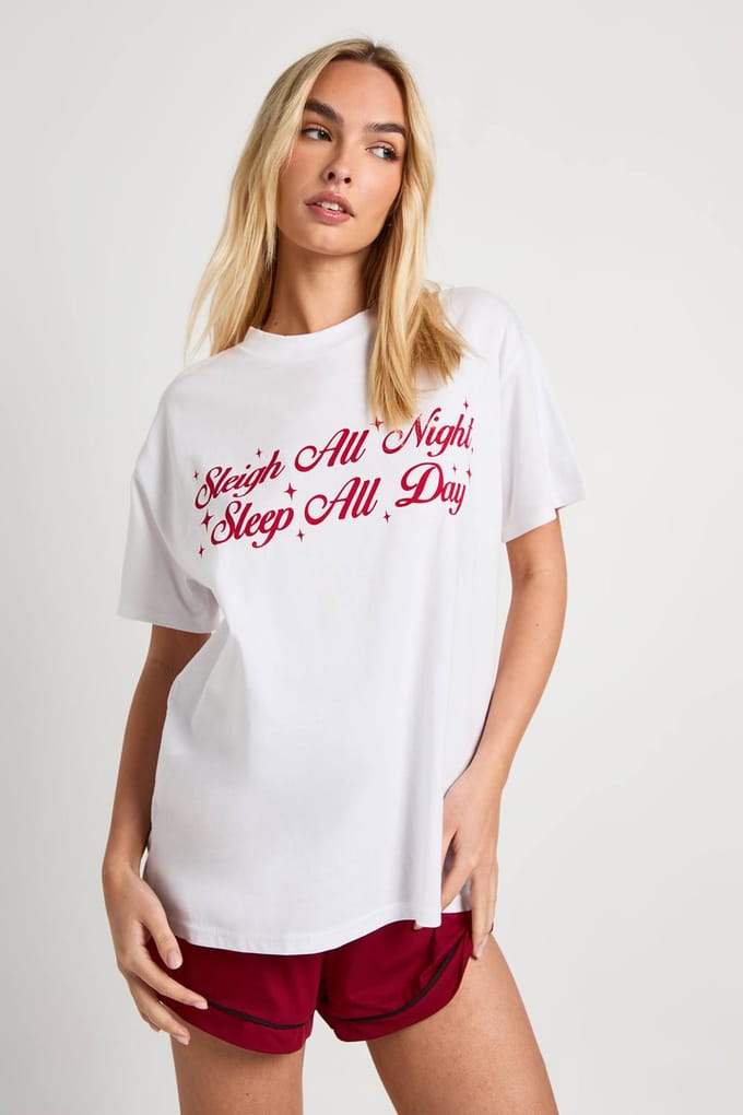 boohoo Dames Kerst 'Sleigh All Day' oversized slaap T-shirt | Wit | Maat: 38