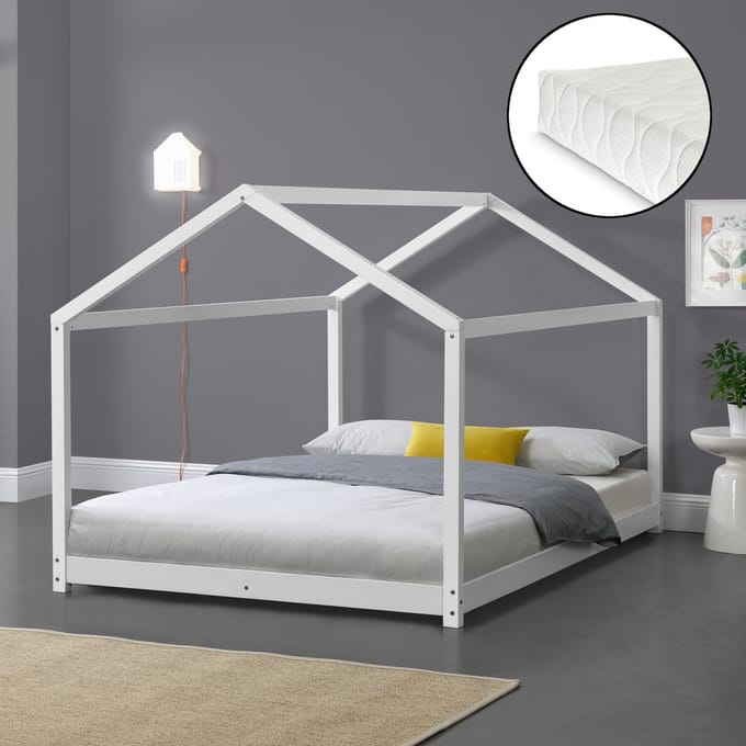Kinderbed Cerro twijfelaar huisbed met matras 120x200 cm wit