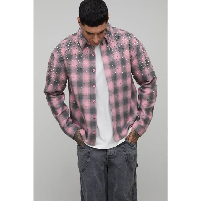 Lang Oversized Shirt Met Juweelversiering In Zware Geruite Stof | Pink | Size Medium