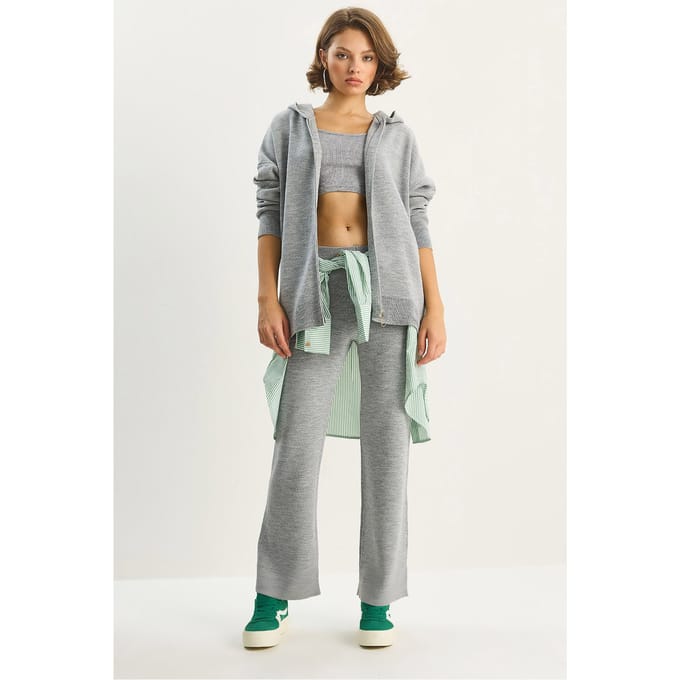 Hoge Taille Rits Kraag Cardigan en Broek Set