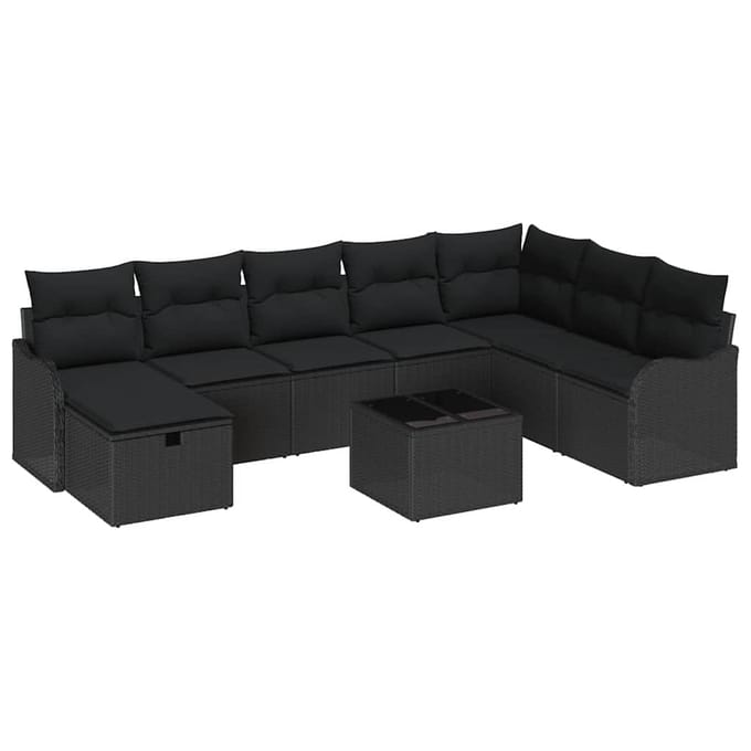 vidaXL Bankstel met kussen met opslag Zwart poly rattan
