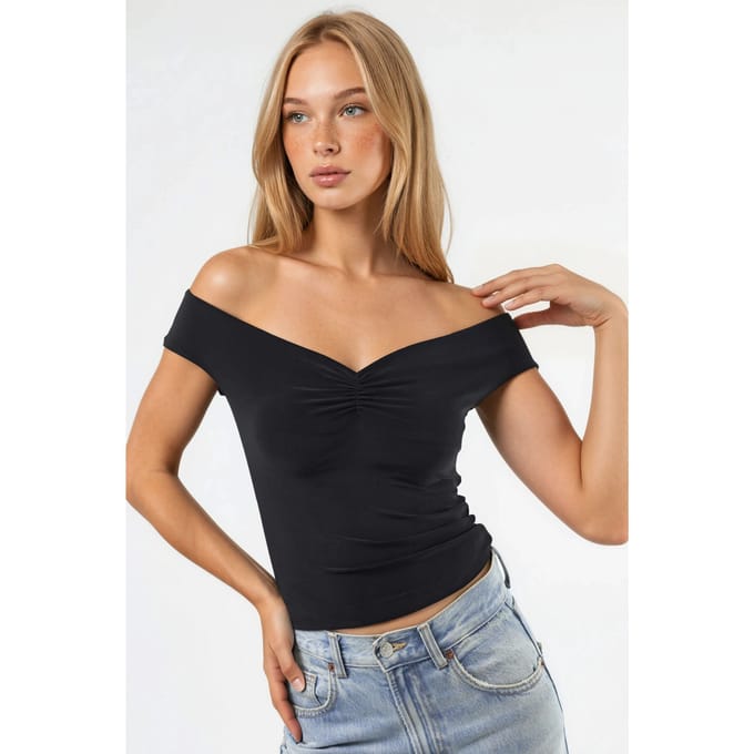 Off Shoulder Strakke Zandkleurige Crop Top