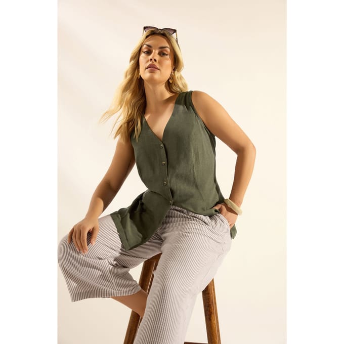 Yours Kakigroene Linnen Gilet Size 62-64