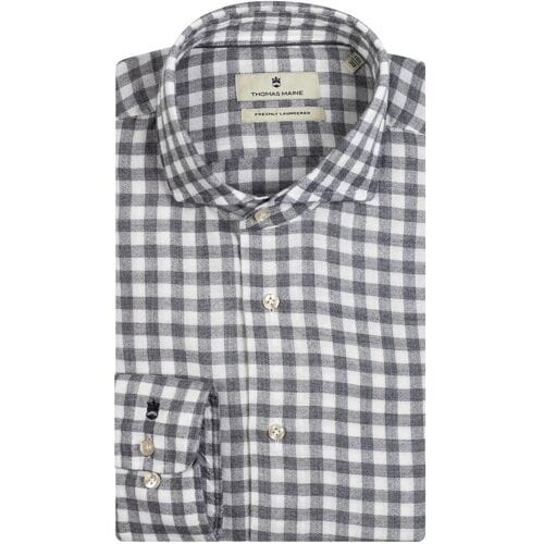Thomas Maine Overhemd Roma Modern Kent Modal Wool Blend Check Midden Grijs / male