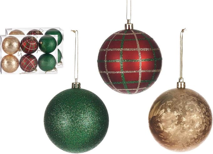 Krist+ gedecoreerde kerstballen - 12x -rood/groen/goud -kunststof -8 cm