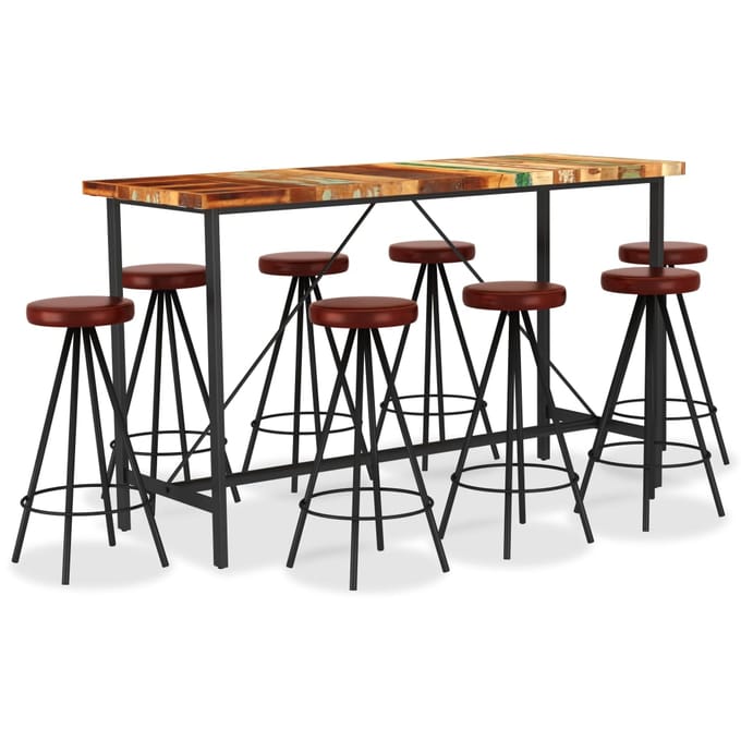 vidaXL - 9-delige - Barset - massief - gerecycled - hout - en - echt - leer