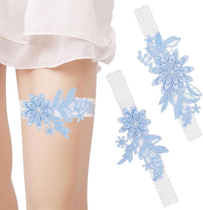 Bruiloft Kousenband - Bruidsaccessoire Kant - Bruiloft Decoratie - Handgemaaide Bloemen - One Size - Blauw Wit