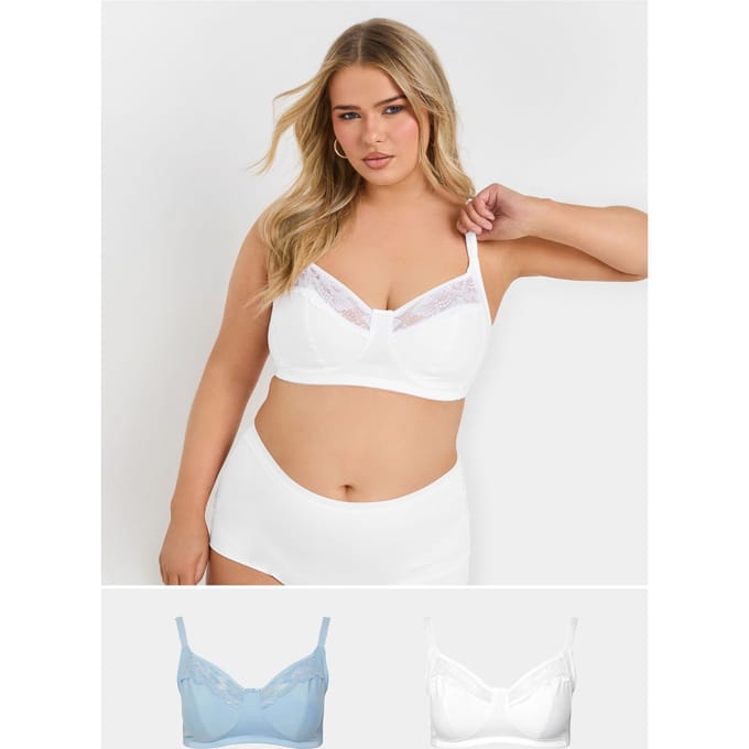 Yours 2 Pack Bralettes Van Katoen Met Kanten Bies In Blauw/Wit Size 85B