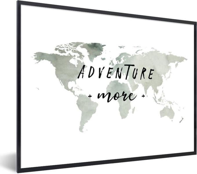 Fotolijst incl. Poster - Wereldkaart - Grijs - Wit - 80x60 cm - Posterlijst