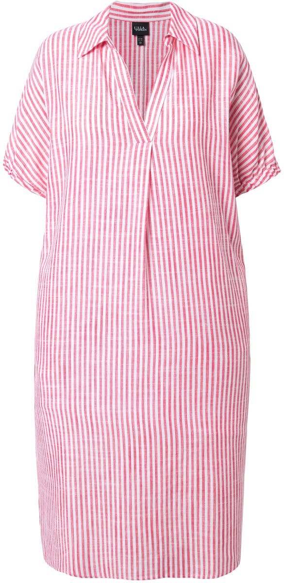 Ulla Popken - Dames - Jurk van linnenmix strepen oversized overhemdkraag - Lichtfuchsia - Maat 58+