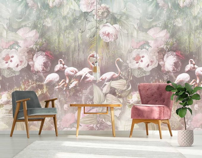 INGK - Floral Utopia Behang - Flamingo Found Light