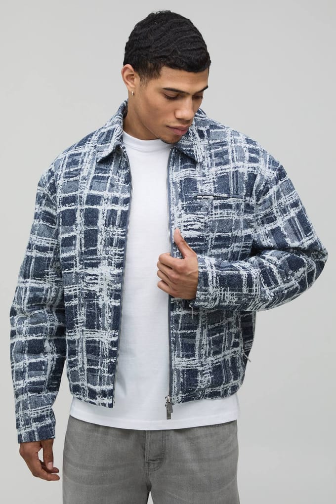 Boxy Fit Getextureerde Jacquard Harrington Jas | Blue | Size XS