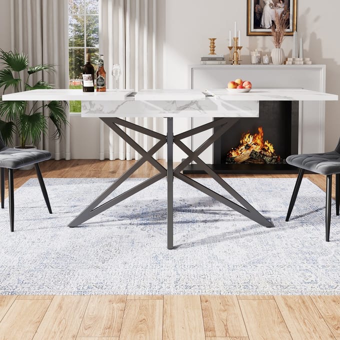 MODFU Uitschuifbare eettafel 120–160x80 cm wit marmerprint blad, stervormige metalen poten, MDF