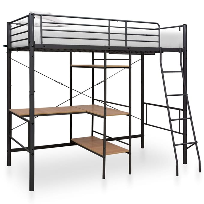 vidaXL - Stapelbedframe - met - tafel - metaal - grijs - 90x200 - cm